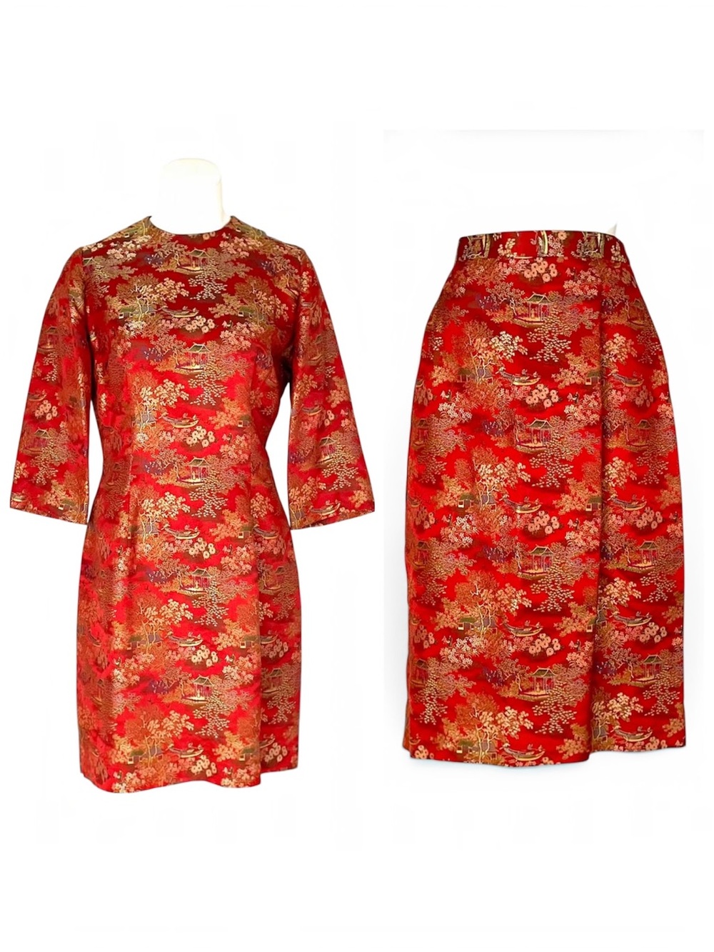 Vintage 60s Red Silk Brocade Cheongsam Dress Skirt Set Gold Floral Landscape